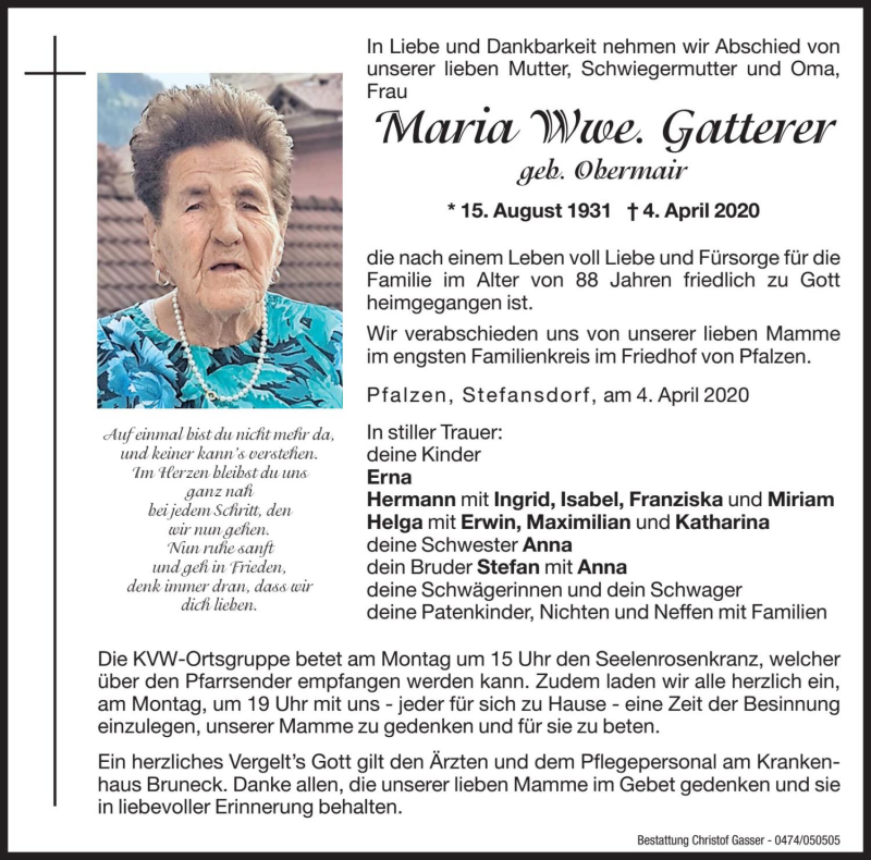  Traueranzeige für Maria Gatterer vom 06.04.2020 aus Dolomiten
