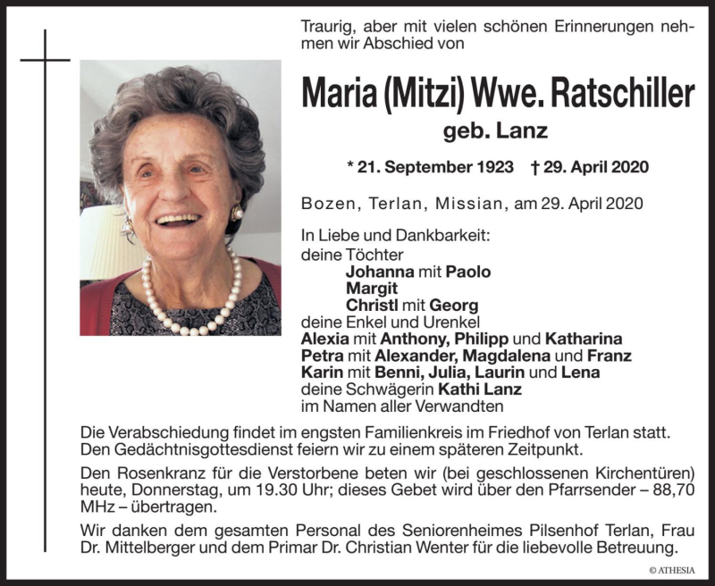  Traueranzeige für Maria Ratschiller vom 30.04.2020 aus Dolomiten