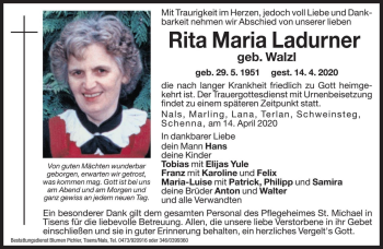 Traueranzeigen Von Rita Maria Ladurner | Trauer.bz