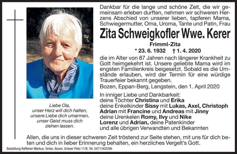  Traueranzeige für Zita Kerer vom 03.04.2020 aus Dolomiten