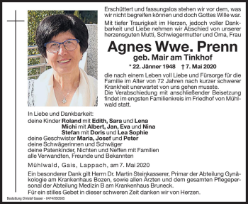 Traueranzeige von Agnes Prenn von Dolomiten