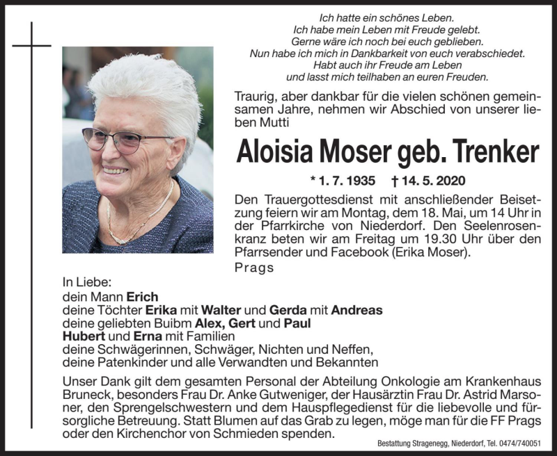  Traueranzeige für Aloisia Moser vom 15.05.2020 aus Dolomiten