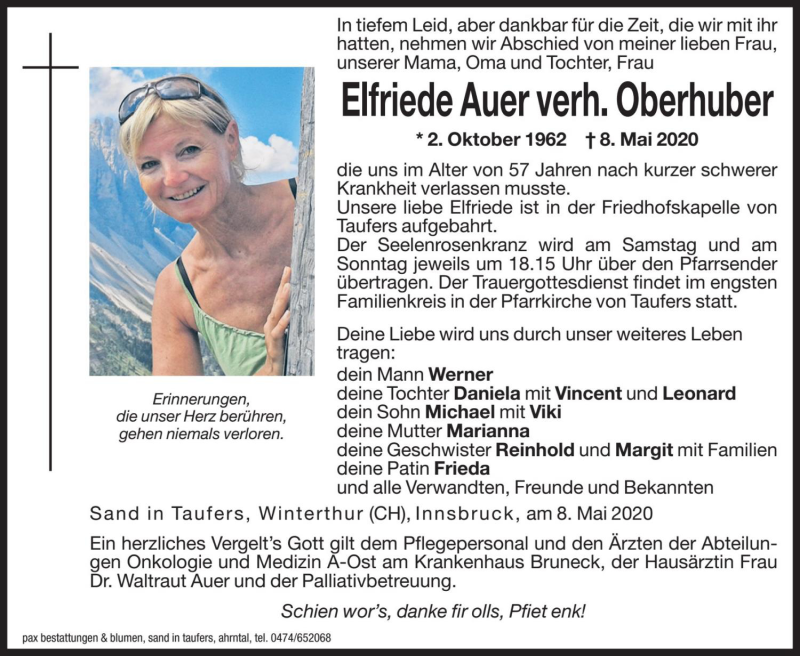  Traueranzeige für Elfriede Oberhuber vom 09.05.2020 aus Dolomiten
