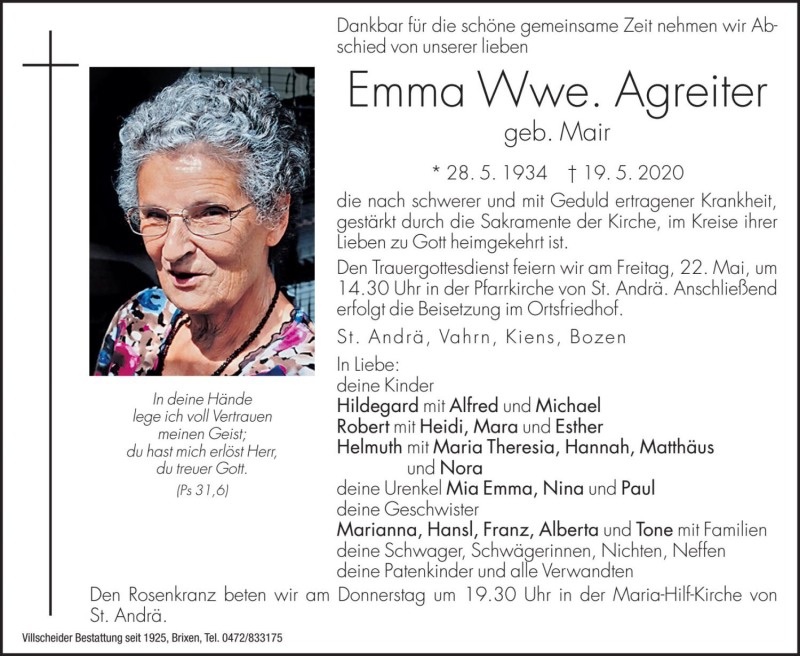  Traueranzeige für Emma Agreiter vom 21.05.2020 aus Dolomiten