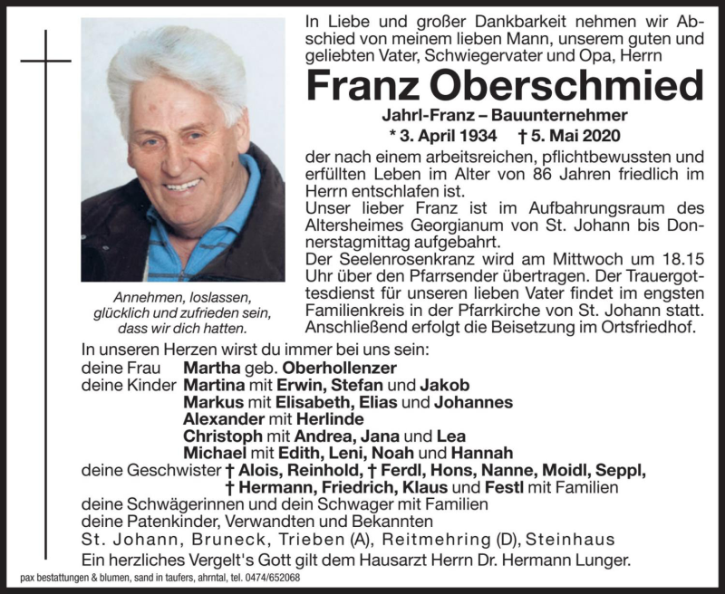  Traueranzeige für Franz Oberschmied vom 06.05.2020 aus Dolomiten