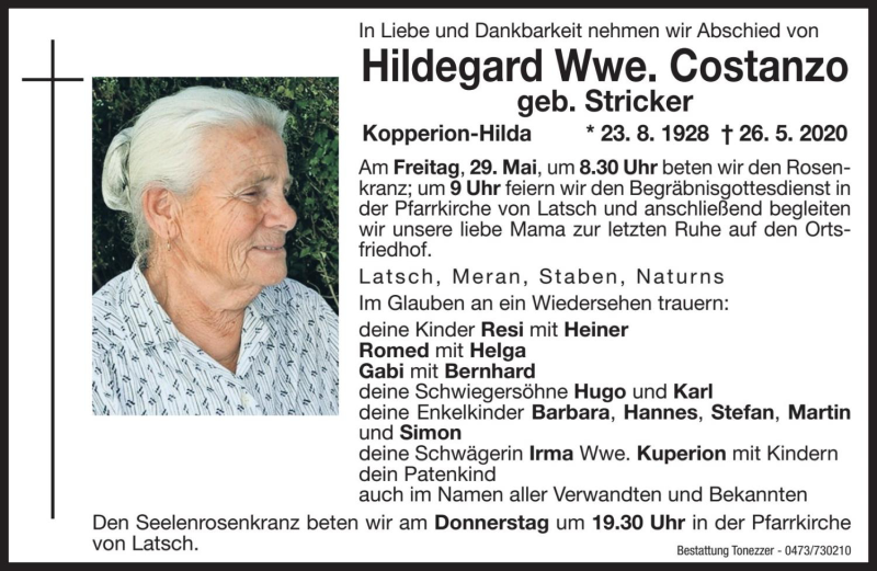  Traueranzeige für Hildegard Costanzo vom 28.05.2020 aus Dolomiten