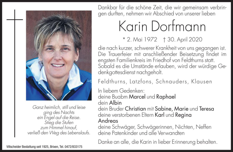  Traueranzeige für Karin Dorfmann vom 04.05.2020 aus Dolomiten