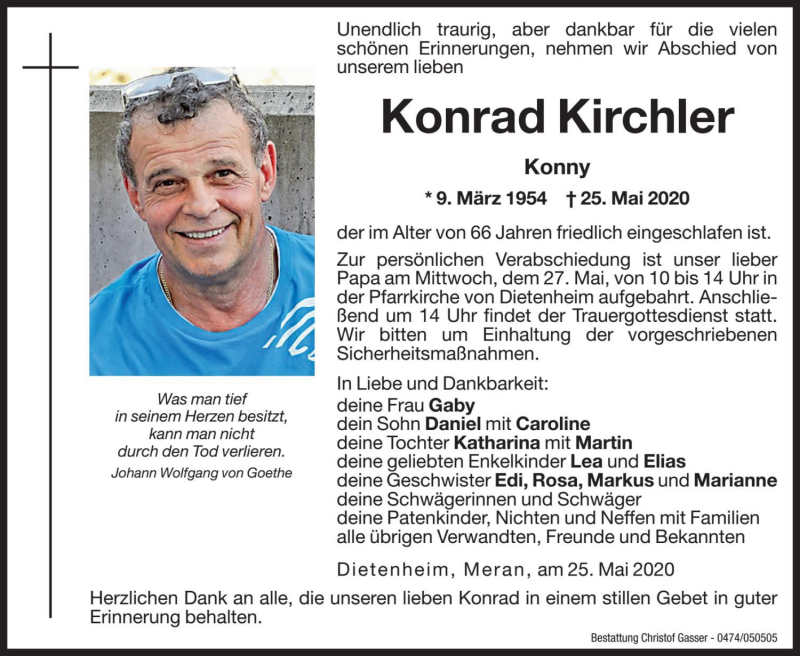  Traueranzeige für Konrad Kirchler vom 26.05.2020 aus Dolomiten
