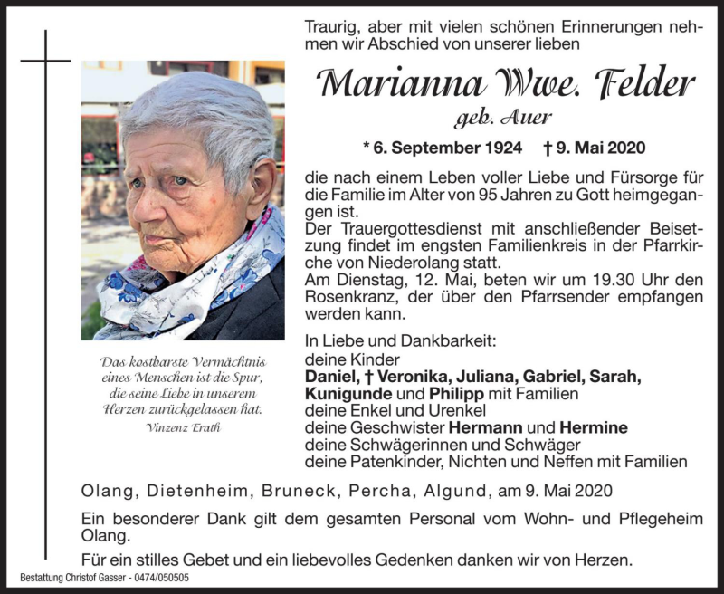  Traueranzeige für Marianna Felder vom 11.05.2020 aus Dolomiten