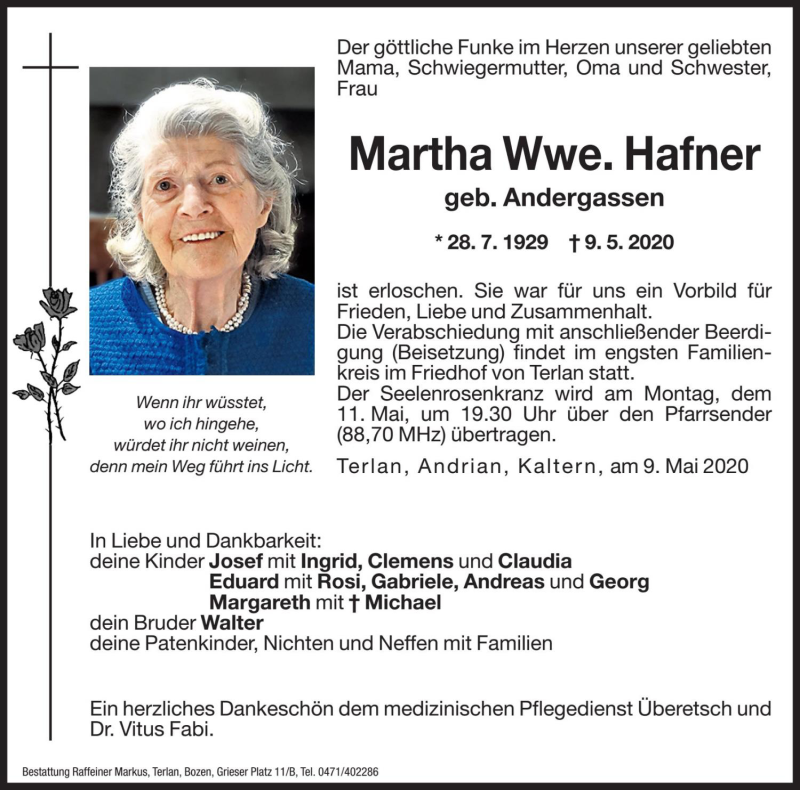  Traueranzeige für Martha Hafner vom 11.05.2020 aus Dolomiten