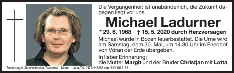  Traueranzeige für Michael Ladurner vom 28.05.2020 aus Dolomiten