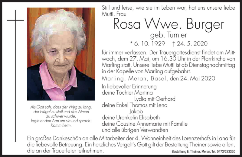  Traueranzeige für Rosa Burger vom 26.05.2020 aus Dolomiten