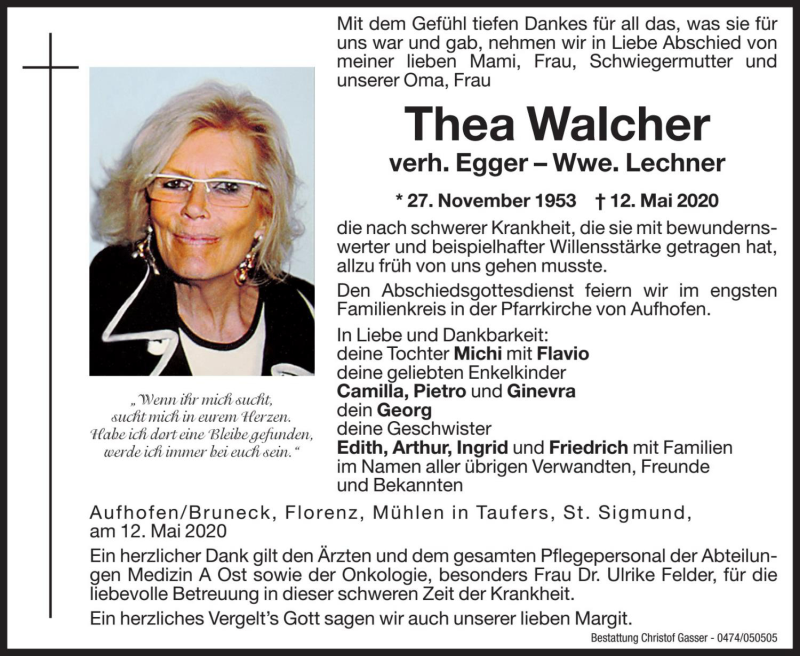  Traueranzeige für Thea Egger vom 13.05.2020 aus Dolomiten