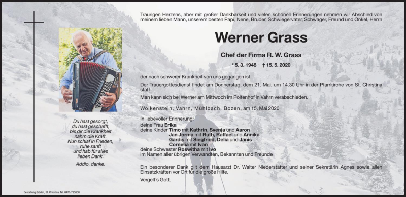  Traueranzeige für Werner Grass vom 19.05.2020 aus Dolomiten