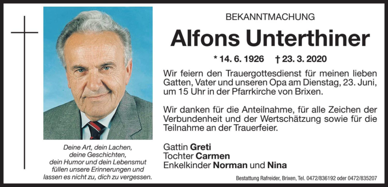  Traueranzeige für Alfons Unterthiner vom 20.06.2020 aus Dolomiten