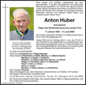 Traueranzeigen Von Anton Huber | Trauer.bz