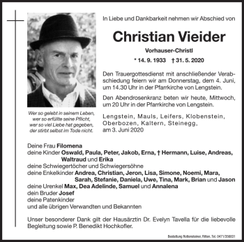 Traueranzeige von Christian Vieider von Dolomiten