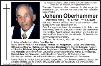 Traueranzeige von Johann Oberhammer von Dolomiten