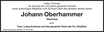 Traueranzeige von Johann Oberhammer von Dolomiten