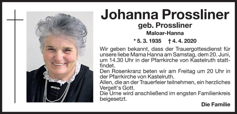  Traueranzeige für Johanna Prossliner vom 19.06.2020 aus Dolomiten