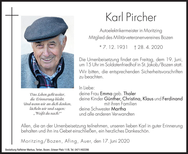  Traueranzeige für Karl Pircher vom 17.06.2020 aus Dolomiten