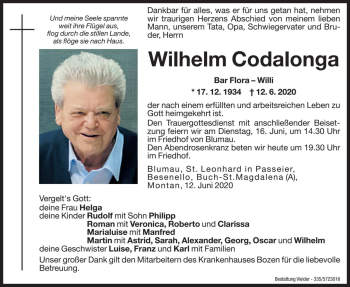 Traueranzeige von Wilhelm Codalonga von Dolomiten