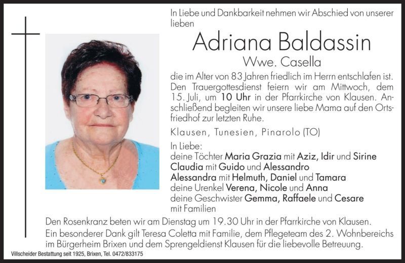  Traueranzeige für Adriana Casella vom 14.07.2020 aus Dolomiten