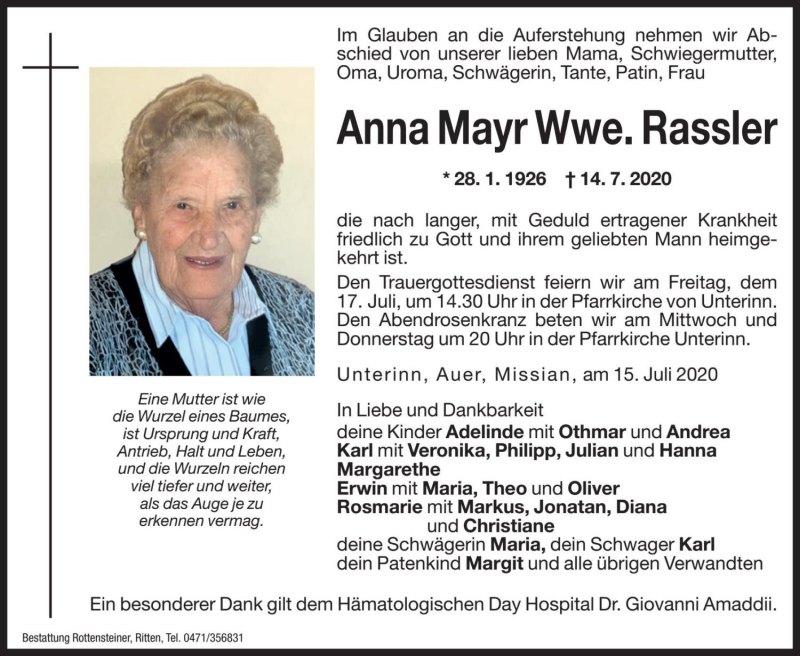  Traueranzeige für Anna Rassler vom 15.07.2020 aus Dolomiten
