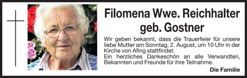  Traueranzeige für Filomena Reichhalter vom 31.07.2020 aus Dolomiten