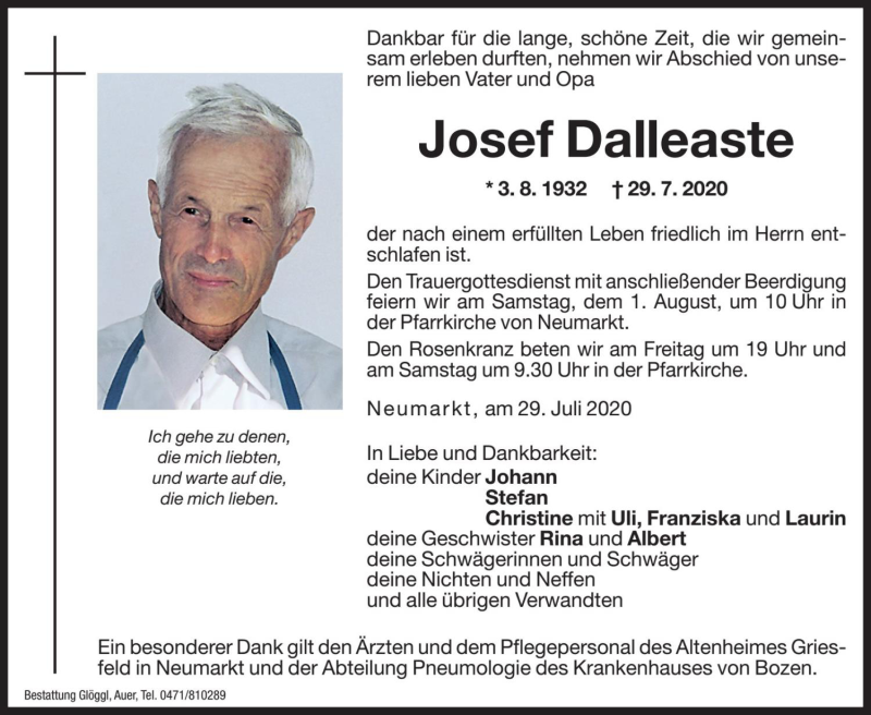  Traueranzeige für Josef Dalleaste  vom 30.07.2020 aus Dolomiten