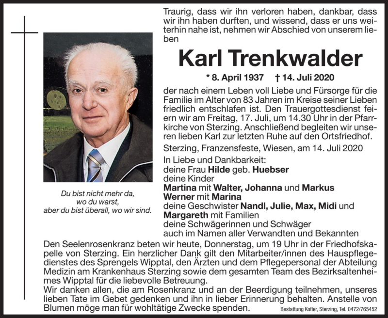  Traueranzeige für Karl Trenkwalder vom 16.07.2020 aus Dolomiten