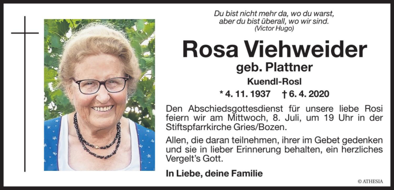  Traueranzeige für Rosa Viehweider vom 04.07.2020 aus Dolomiten