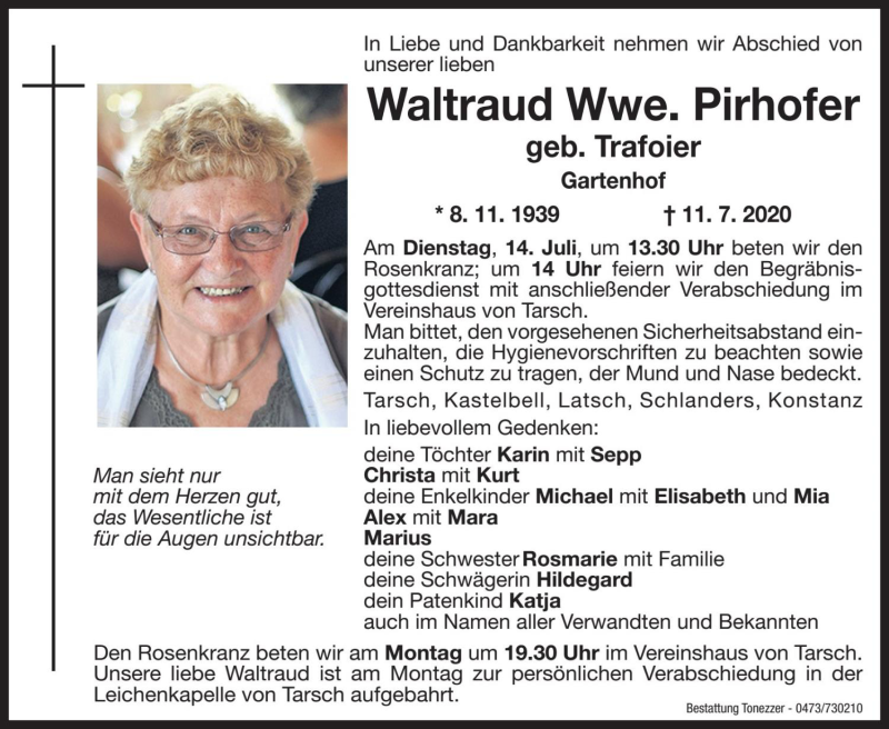  Traueranzeige für Waltraud Pirhofer vom 13.07.2020 aus Dolomiten