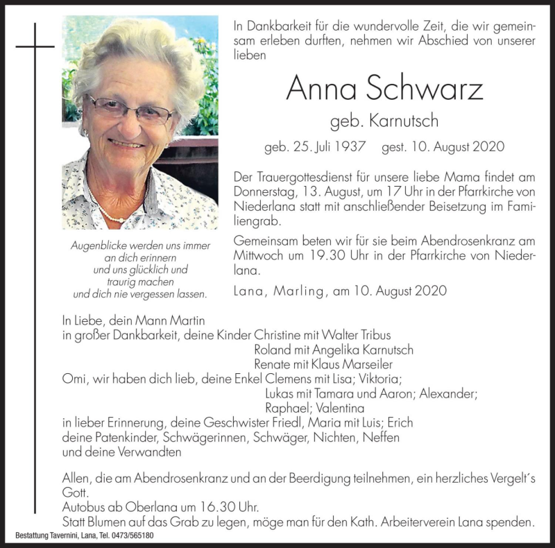  Traueranzeige für Anna Schwarz vom 12.08.2020 aus Dolomiten