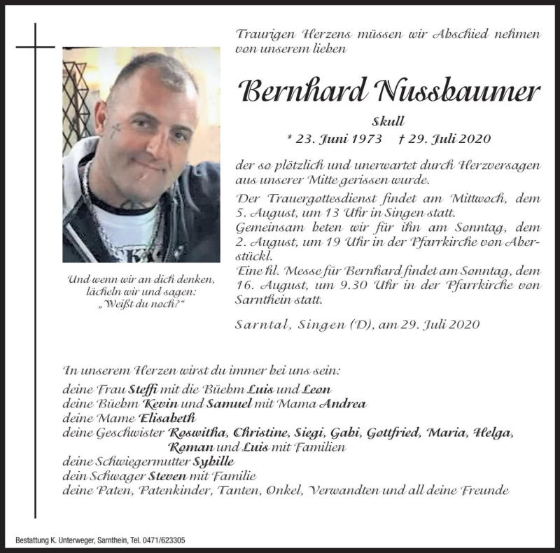  Traueranzeige für Bernhard Nussbaumer vom 01.08.2020 aus Dolomiten