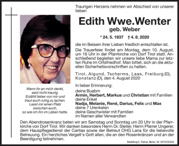 Traueranzeige von Edith Wenter von Dolomiten