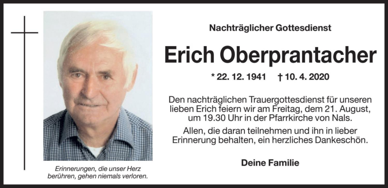  Traueranzeige für Erich Oberprantacher vom 14.08.2020 aus Dolomiten