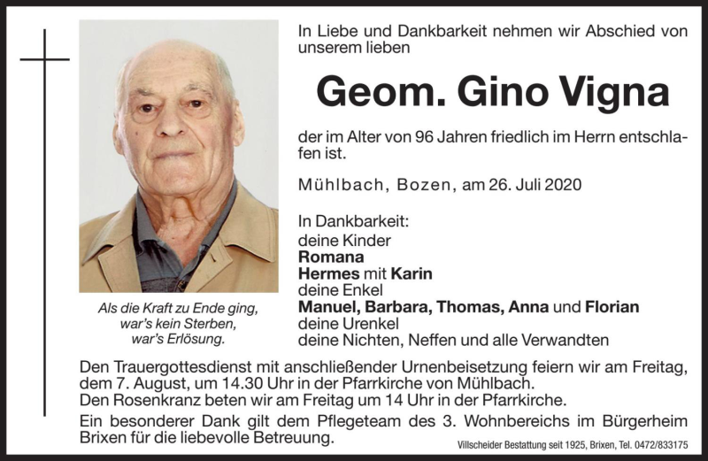  Traueranzeige für Gino Vigna vom 05.08.2020 aus Dolomiten
