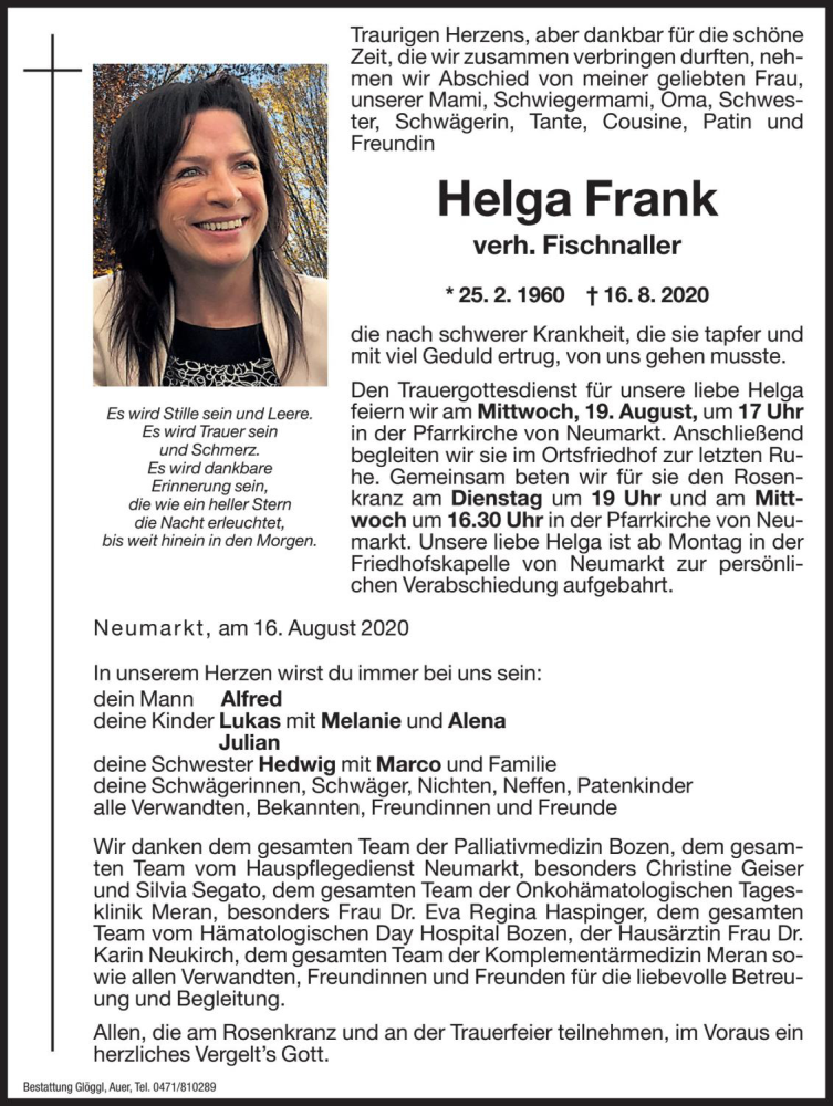  Traueranzeige für Helga Fischnaller vom 17.08.2020 aus Dolomiten