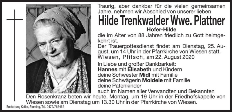  Traueranzeige für Hilde Plattner vom 24.08.2020 aus Dolomiten