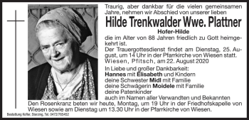 Traueranzeige von Hilde Plattner von Dolomiten