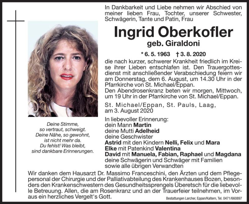  Traueranzeige für Ingrid Oberkofler vom 04.08.2020 aus Dolomiten