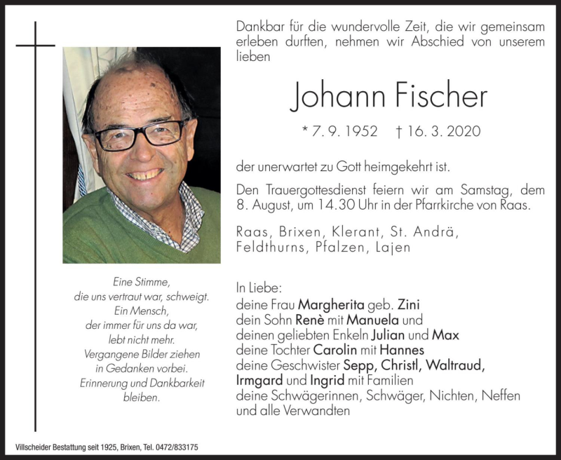  Traueranzeige für Johann Fischer vom 07.08.2020 aus Dolomiten