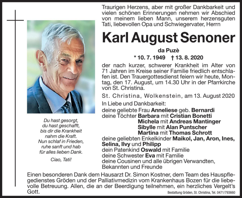  Traueranzeige für Karl August Senoner vom 17.08.2020 aus Dolomiten