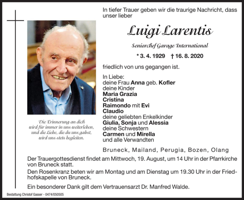  Traueranzeige für Luigi Larentis vom 17.08.2020 aus Dolomiten