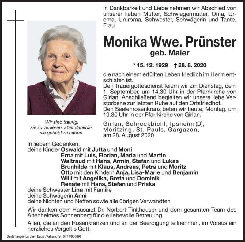  Traueranzeige für Monika Prünster vom 31.08.2020 aus Dolomiten