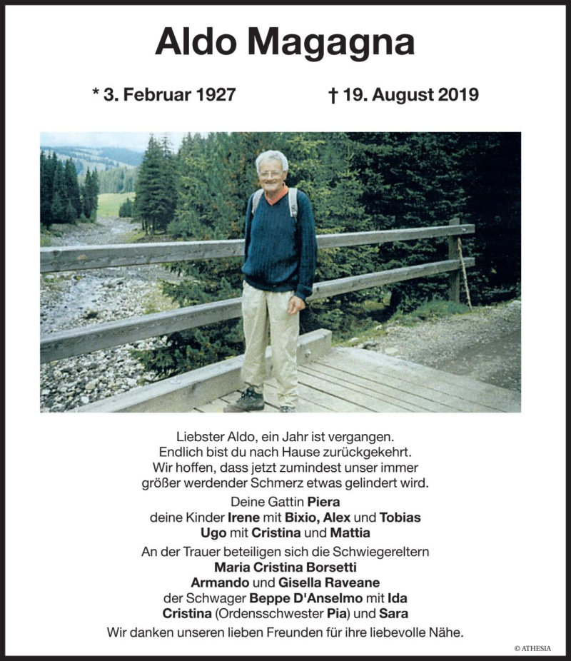  Traueranzeige für Aldo Magagna vom 05.09.2020 aus Dolomiten