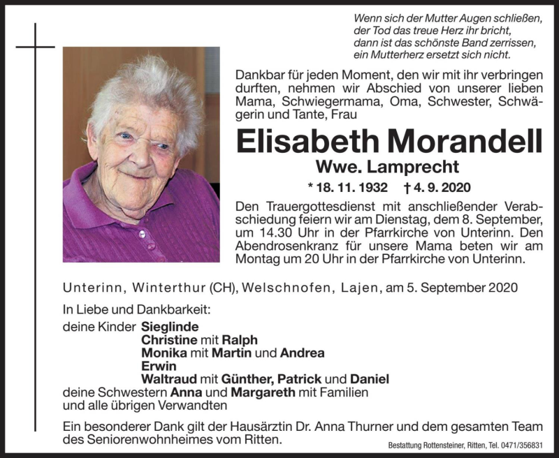  Traueranzeige für Elisabeth Lamprecht vom 05.09.2020 aus Dolomiten