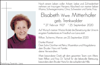 Traueranzeige von Elisabeth Mitterhofer von Dolomiten