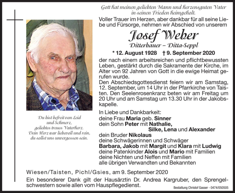  Traueranzeige für Josef Weber vom 11.09.2020 aus Dolomiten